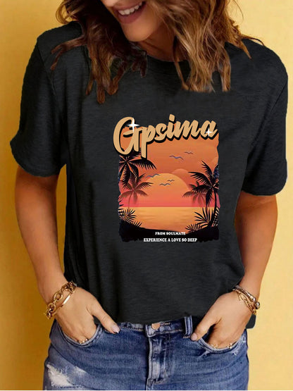 GPSIMA Sunset Beach Printed Round Neck Short Sleeve T-Shirt | Graphic Vacation Tee
