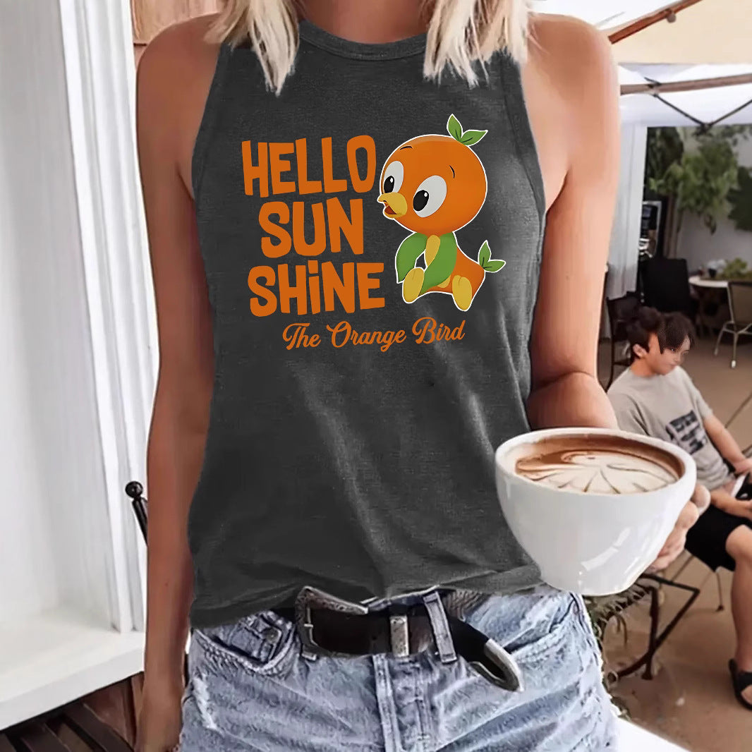 Hello Sunshine' Orange Bird Print Vest | Loose Fit Graphic Tank Top for Women