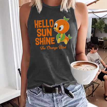 Hello Sunshine' Orange Bird Print Vest | Loose Fit Graphic Tank Top for Women