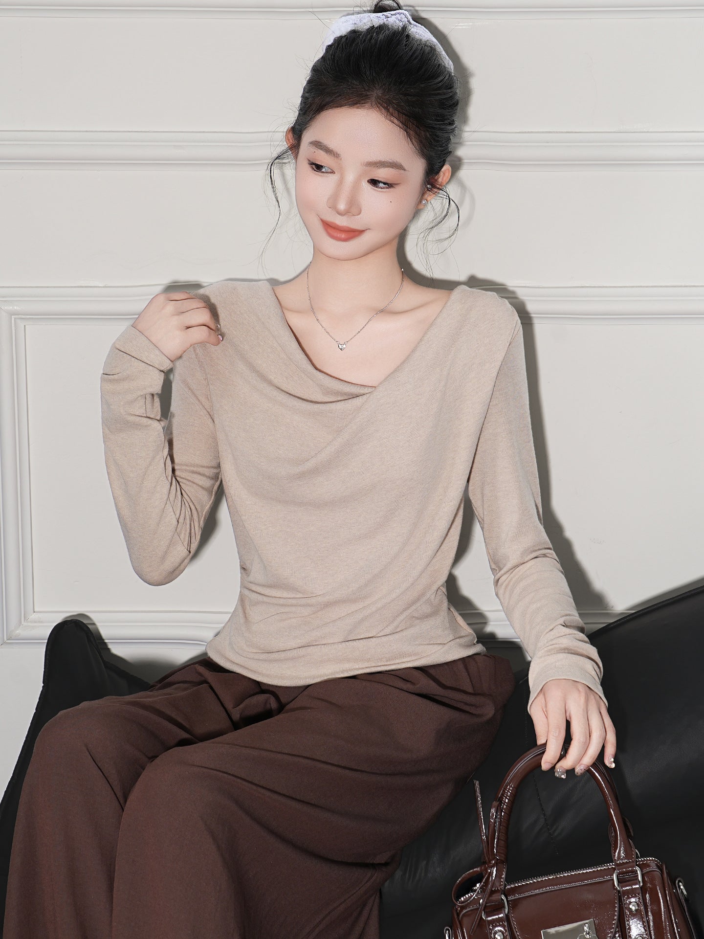 Chic Solid Black Ruched Off-the-Shoulder Casual Top for Women