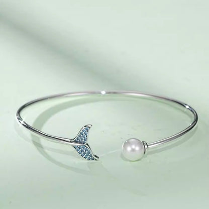 Blue Crystal Mermaid Tail & Pearl Adjustable Silver Bracelet
