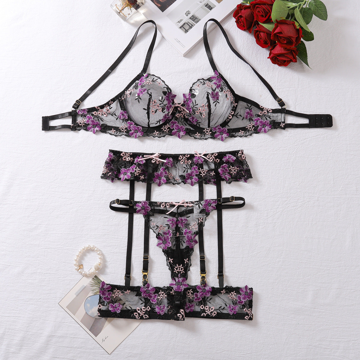 Purple Floral Lace Strappy Underwear Lingerie Set