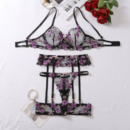 Purple Floral Lace Strappy Underwear Lingerie Set