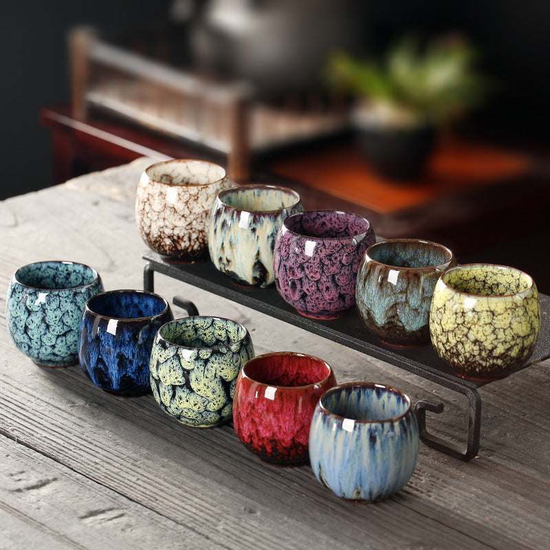 Jian Zhan Master Tea Cups with Egg-Shaped Design and Colorful Glaze