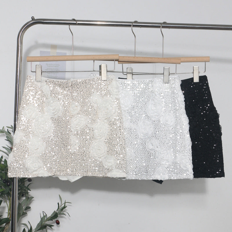 Glamorous White 3D Flower Sequin Mini Skirt - Elegant Floral Wrapped Hip Skirt
