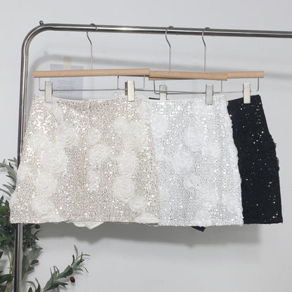 Glamorous White 3D Flower Sequin Mini Skirt - Elegant Floral Wrapped Hip Skirt