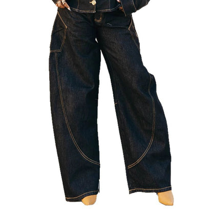 Stylish Stitched Curved Hem Denim Pants - Trendy Wide Leg Jeans for Women