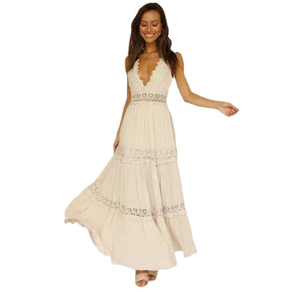 Elegant Lace V-Neck Maxi Dress - Boho Chic Backless Summer Party Gown