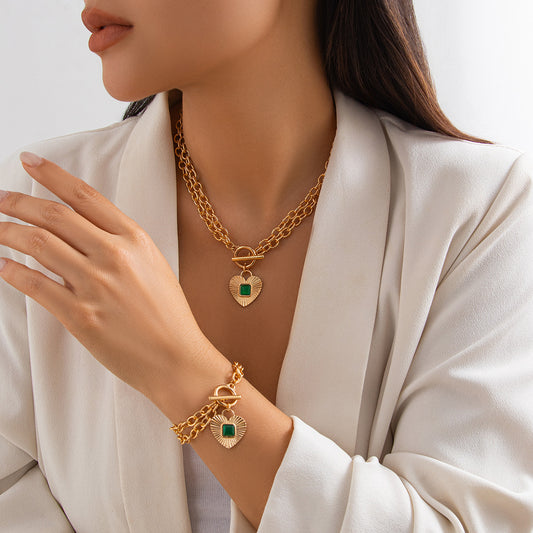 Luxury Gold Chain Heart Pendant Necklace & Bracelet Set with Green Stone