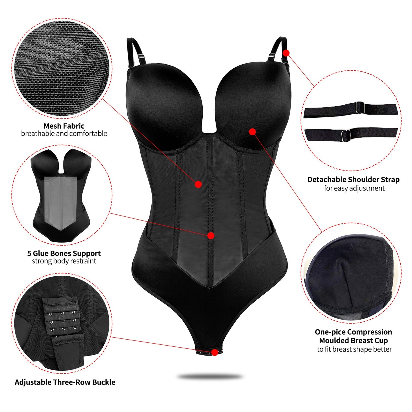 Deep V Backless Shapewear Bodysuit - Tummy Control Thong Shaper