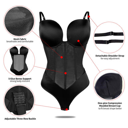 Deep V Backless Shapewear Bodysuit - Tummy Control Thong Shaper