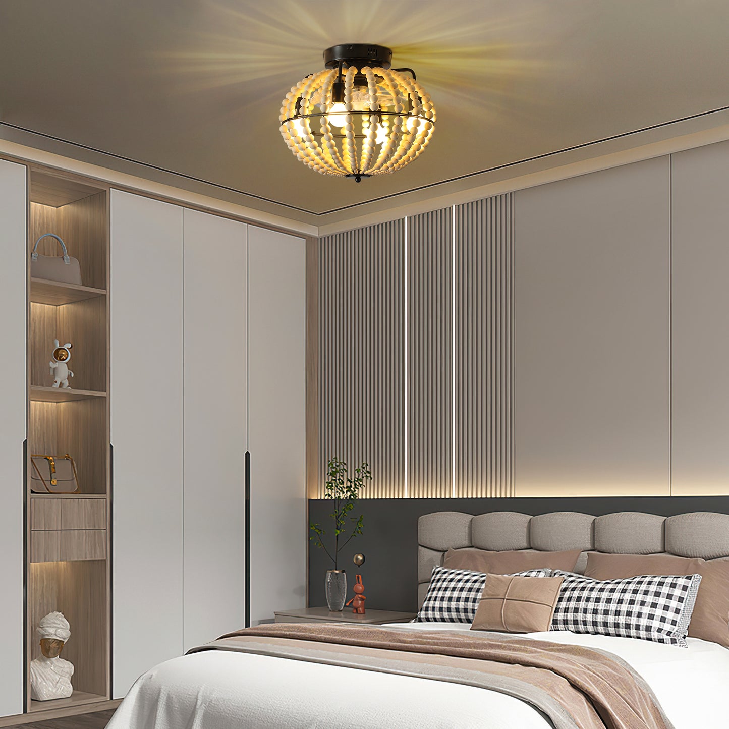 Bohemian Wood Beaded Chandelier – Elegant Flush Mount Ceiling Light for Bedroom & Nursery