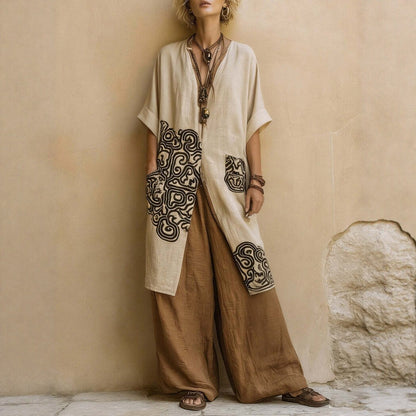 Women's Retro Embroidered Long Robe and Wide-Leg Pants Two-Piece Set