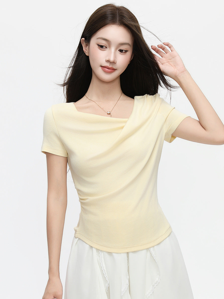 Women's Ruffled Neck Convertible Top - Casual Chic Short Sleeve Tee
