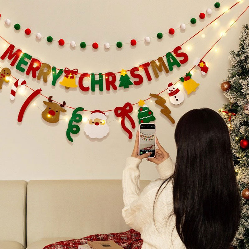 Handmade Christmas Pull String Flag Banner with LED String Lights