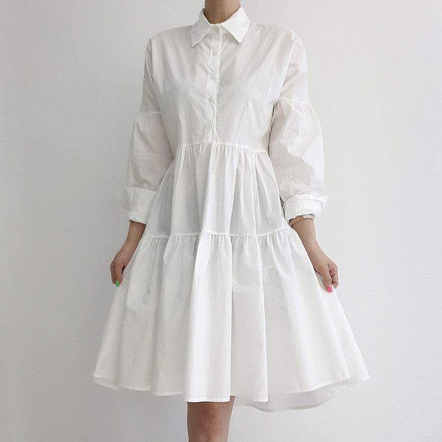 Chic Korean Style White Shirt Dress - Loose Fit Puff Sleeve Tiered Mini Dress for Women