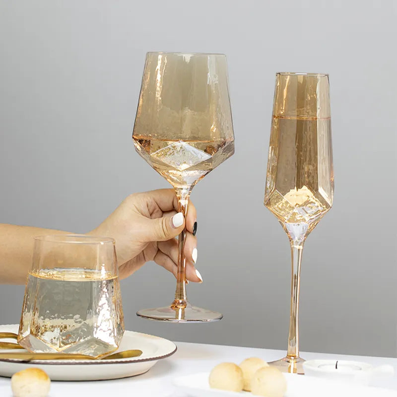 Nordic Gold Amber Crystal Glassware | Elegant Diamond Whisky Cup & Champagne Flute | Light Luxury Tableware