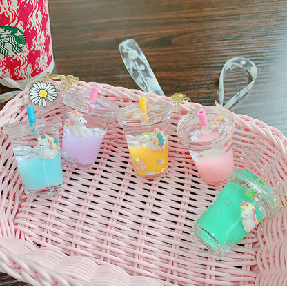 Creative Liquid Floating Unicorn Keychain - Glitter Quicksand Milk Tea Cup Bag Charm