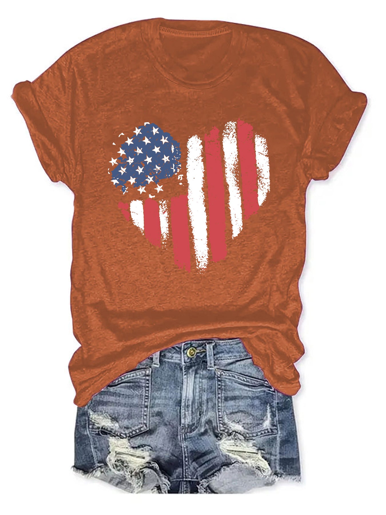 American Flag Heart Graphic T-Shirt | Patriotic Round Neck Short Sleeve Top