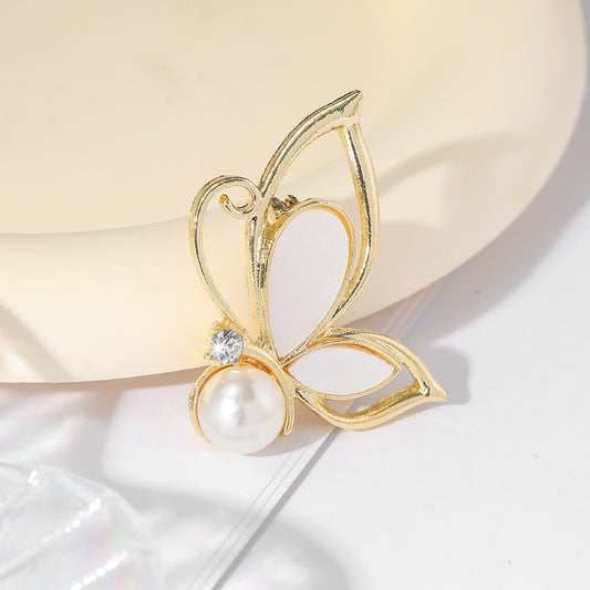 Gold Tone Imitation Mother of Pearl Butterfly Brooch, Suit Jacket Pin / Hollow Design Pearl Butterfly Brooch Jewelry Accessory