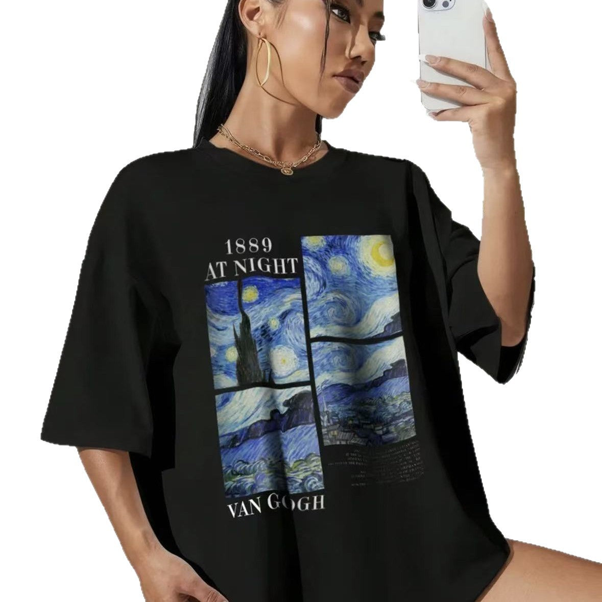 Women's Casual Starry Sky Pattern Graphic Tee - Artistic Black T-Shirt