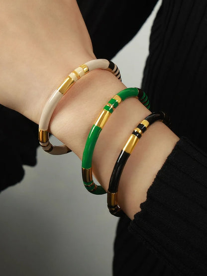 Modern Green Enamel Titanium Steel Cuff Bracelet for Women