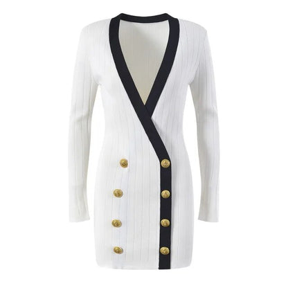 Luxury Contrast Knit Mini Dress - Elegant Gold Button Deep V-Neck Sweater Dress for Women
