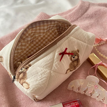 Cute Teddy Bear Quilted Portable Makeup & Skincare Storage Bag