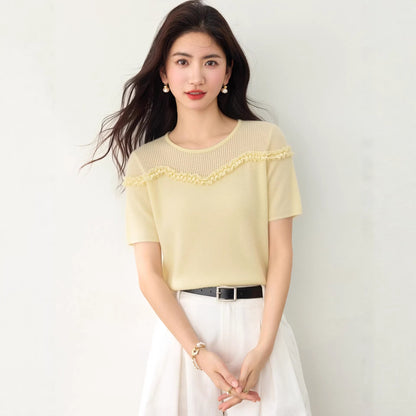 Elegant Lace Trim Round Neck Knit Top - Sweet Short Sleeve Blouse for Women