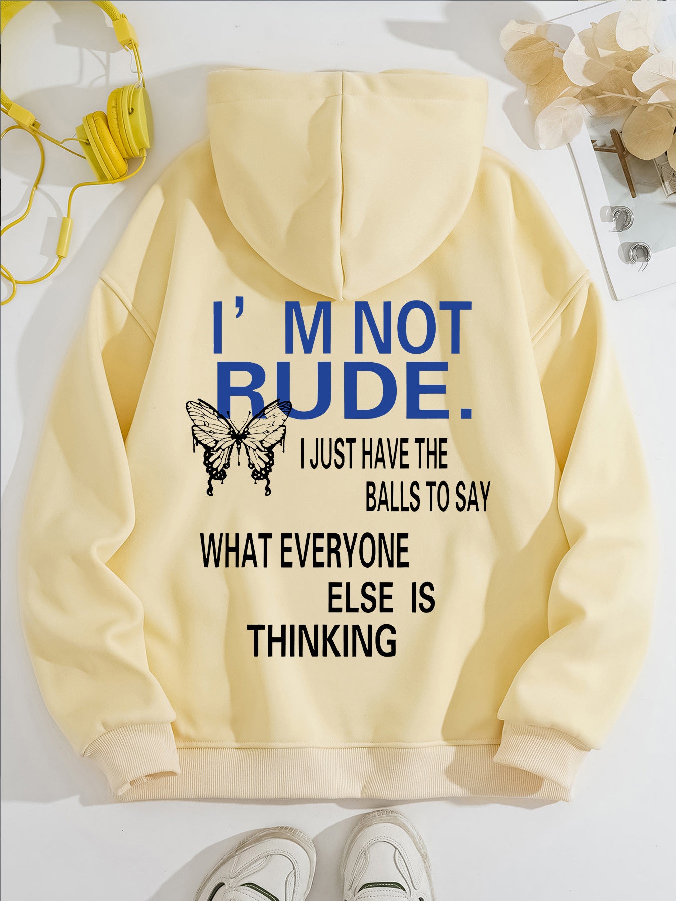 Funny Quote Print Fleece Hoodie | Beige Kangaroo Pocket Pullover for Men & Women