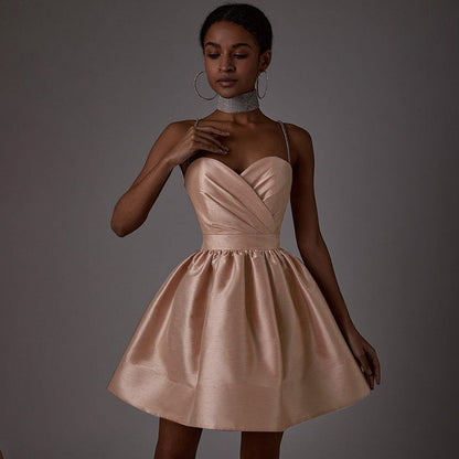 Glamorous Hot Pink Diamond Chain Strap Dress - Elegant Satin Party Mini Gown