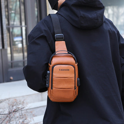 Men's Waterproof Faux Leather Chest Sling Bag with USB Charging Port