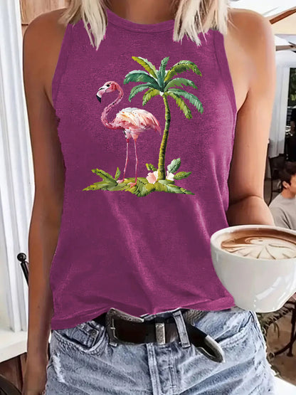 Flamingo Palm Tree Pattern Loose Women's Tank Top | Tropical Graphic Sleeveless Shirt
