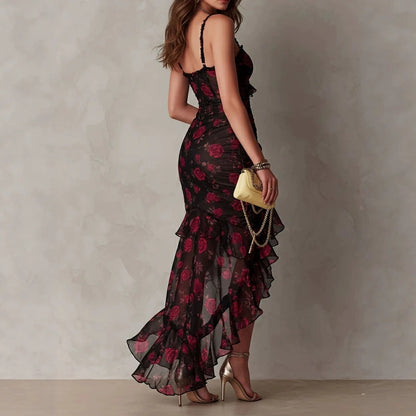 Sexy Spaghetti Strap Rose Print Dress with Asymmetrical Ruffle Slit Hem
