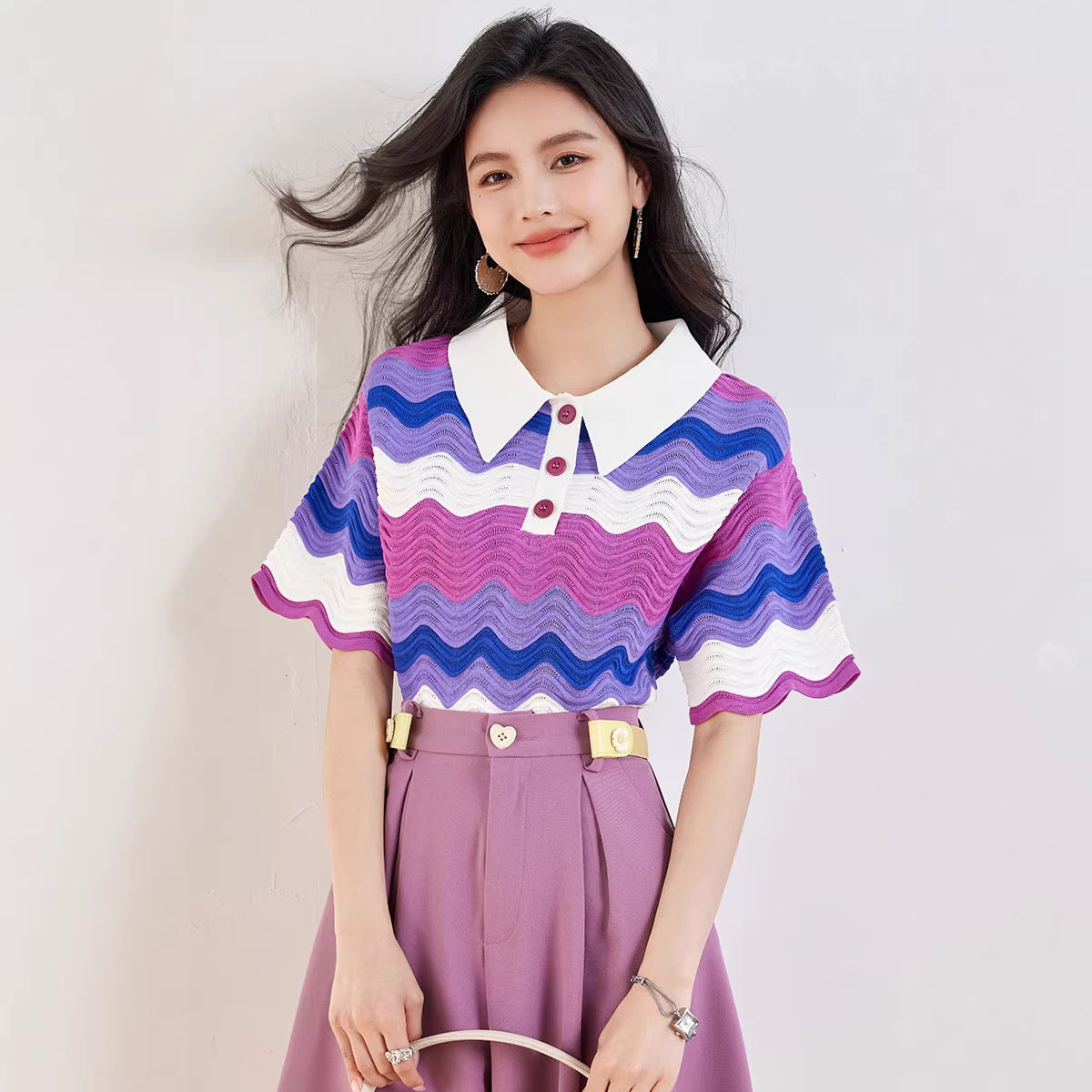 Women's Lightweight Knit Short Sleeve Polo - Unique Purple Pattern Loose Top