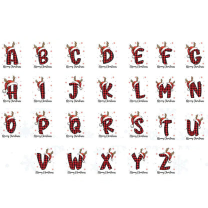 Personalized Christmas Alphabet Cotton Drawstring Bag - Plaid Santa Hat Gift Sack