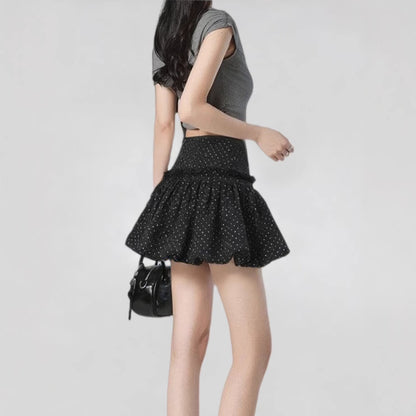 Women's Petite-Friendly Black Lace Trim Polka Dot Mini Skirt