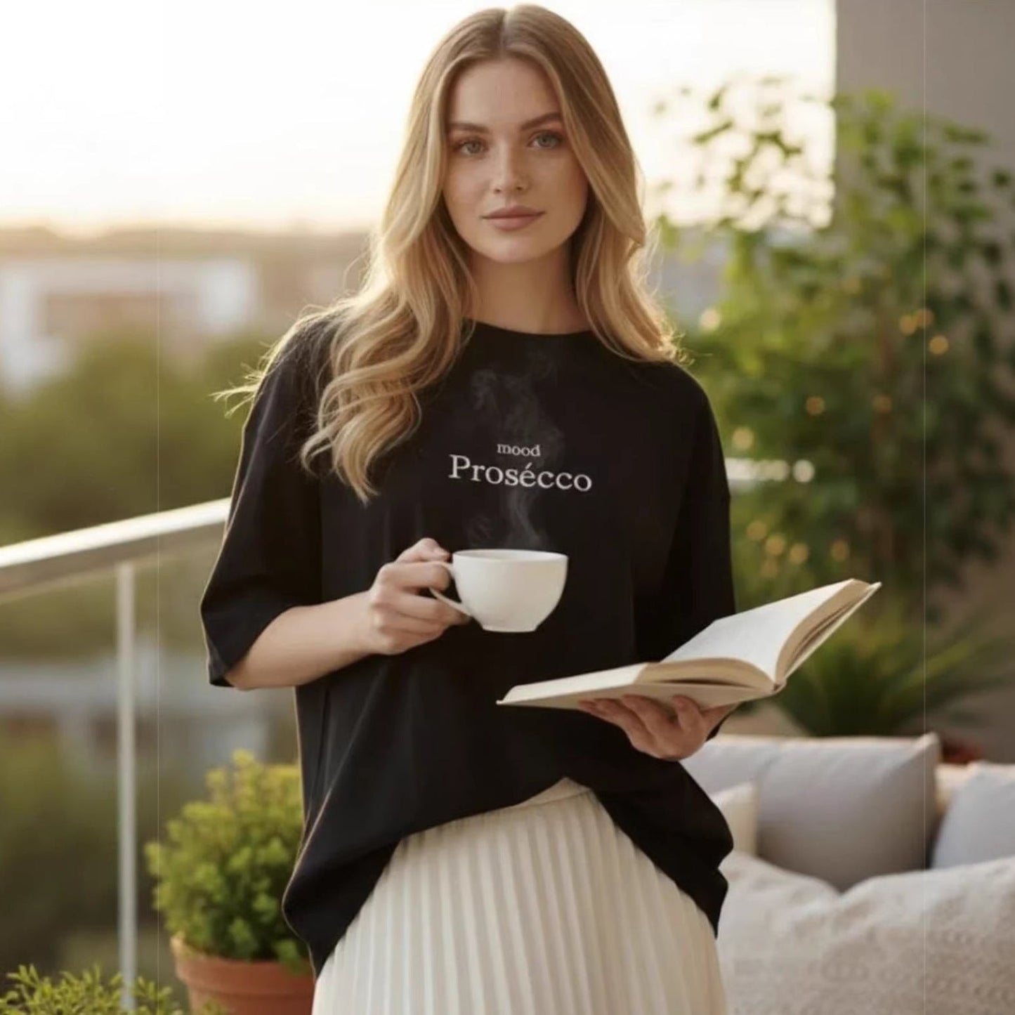 Woman holding a cup and a book on a balcony with plants and a couch in the background