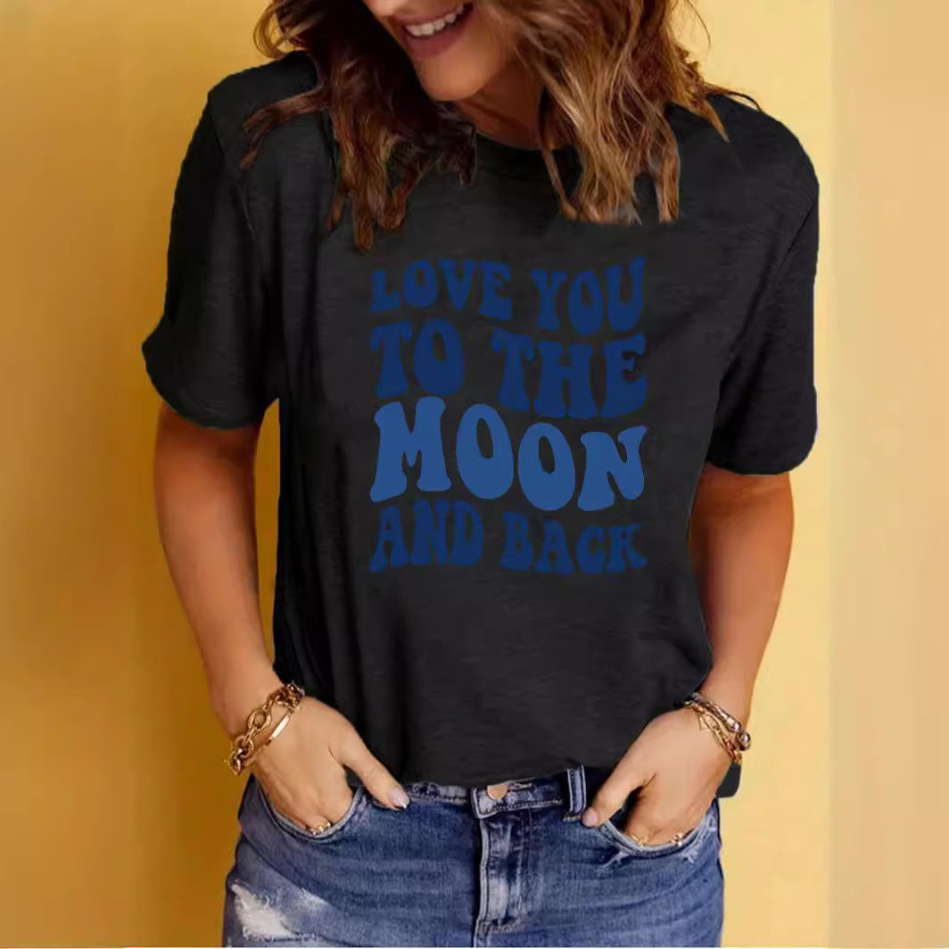 Love You to the Moon and Back' Slogan Printed Round Neck Short Sleeved Shirt