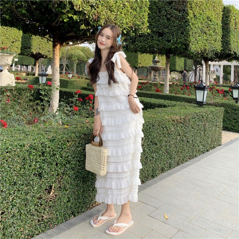 Elegant French Style White Chiffon Suspender Dress - Sleeveless Ruffle Layered Cake Skirt for Women