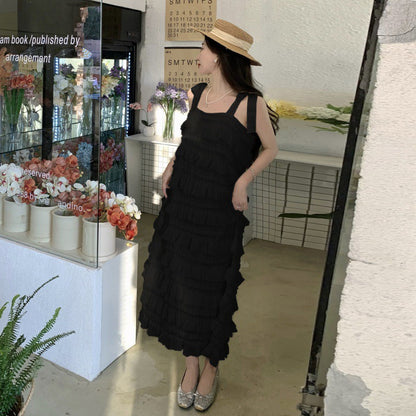 Elegant French Style White Chiffon Suspender Dress - Sleeveless Ruffle Layered Cake Skirt for Women