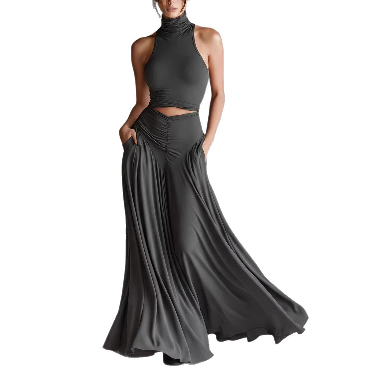 Chic Solid Color Two-Piece Dress Set - High Waist Ruched Long Skirt Outfit