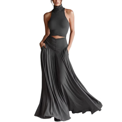 Chic Solid Color Two-Piece Dress Set - High Waist Ruched Long Skirt Outfit