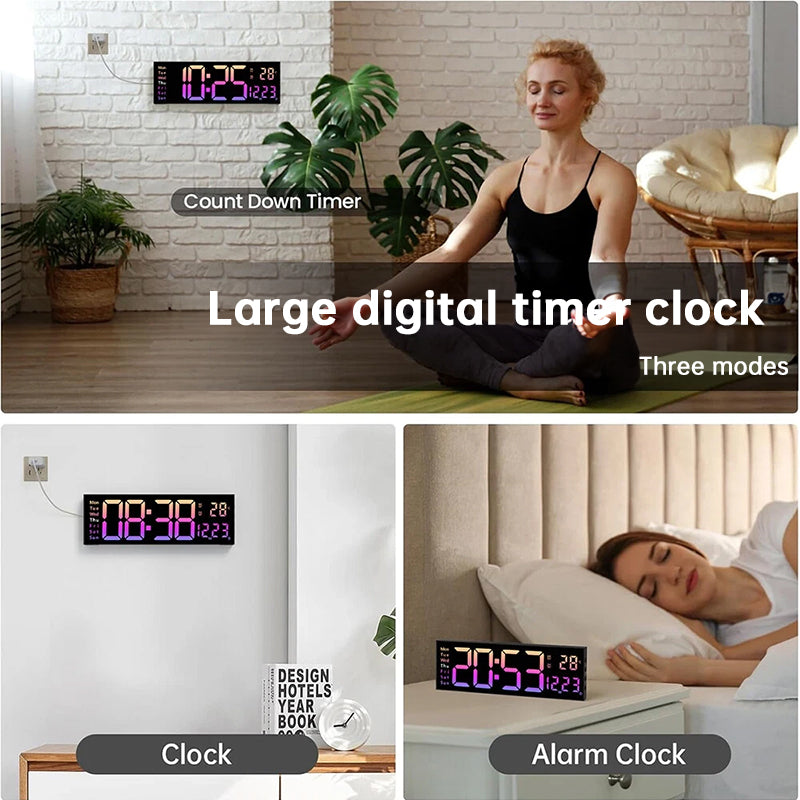 Modern RGB Digital Wall Mount Clock with Dual Alarms & Memory Function