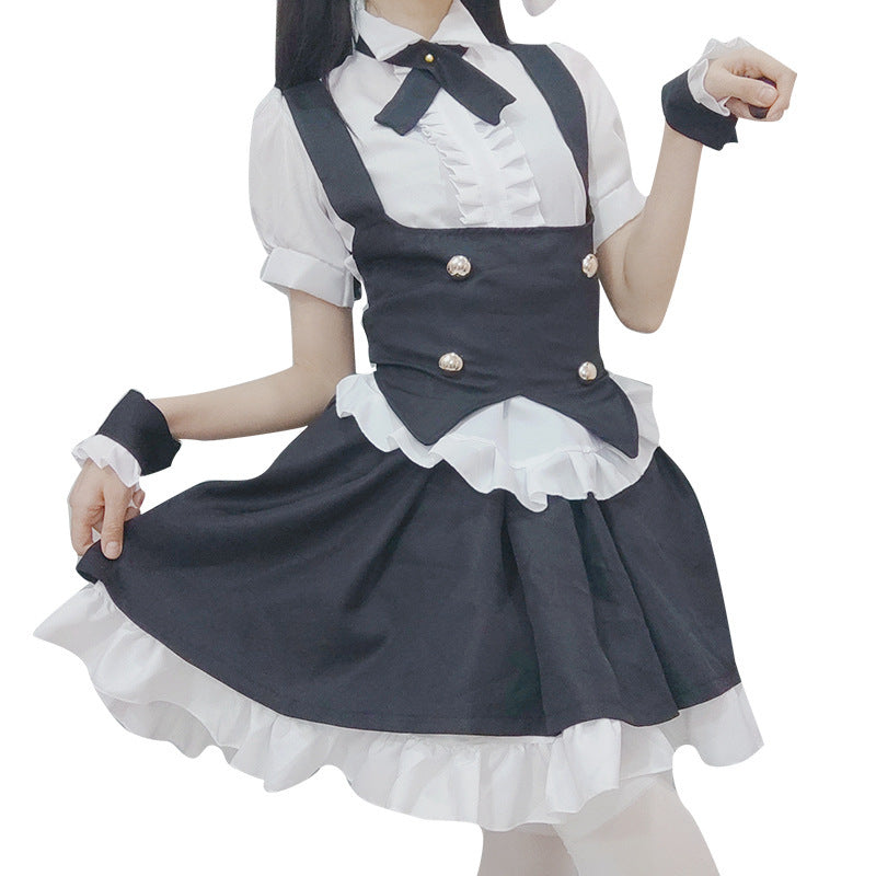 Cute Gothic Lolita Maid Dress - Playful Black & White Tuxedo Style Fluffy Mini Skirt with Bunny Ears