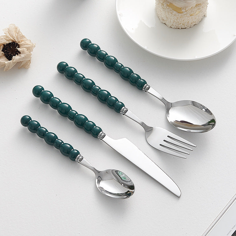 4-Piece Designer Pearl Handle Cutlery Set - Elegant Emerald Green & Stainless Steel Flatware