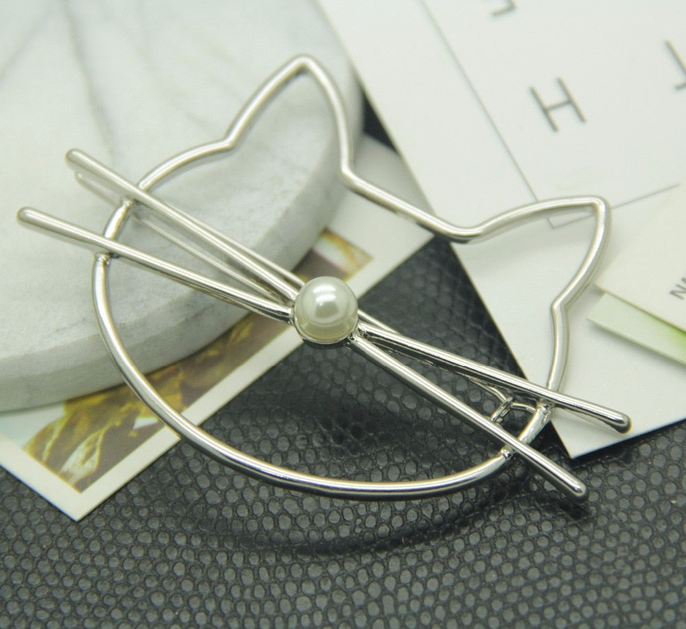 Hollow Out Cute Cat Head Hair Clip / Gold Tone Imitation Pearl Hair Pin for Women and Girls