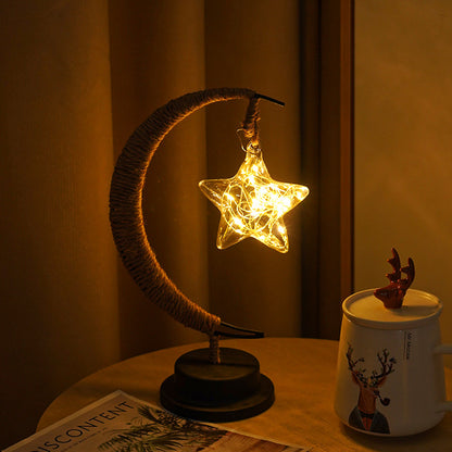 LED Star in Moon Night Light with Hemp Rope and Iron Art Base