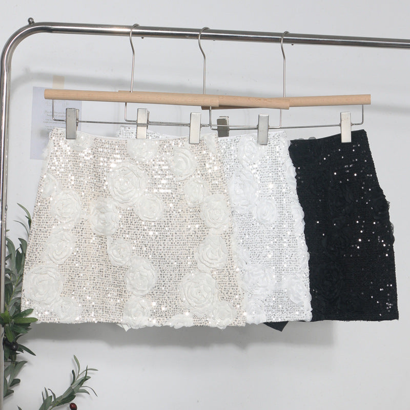 Glamorous White 3D Flower Sequin Mini Skirt - Elegant Floral Wrapped Hip Skirt