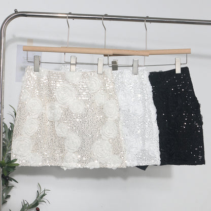 Glamorous White 3D Flower Sequin Mini Skirt - Elegant Floral Wrapped Hip Skirt